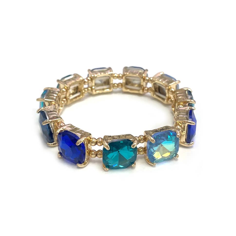 Cushion Cut Glass Crystal Linked Stretch Bracelet: BLACK