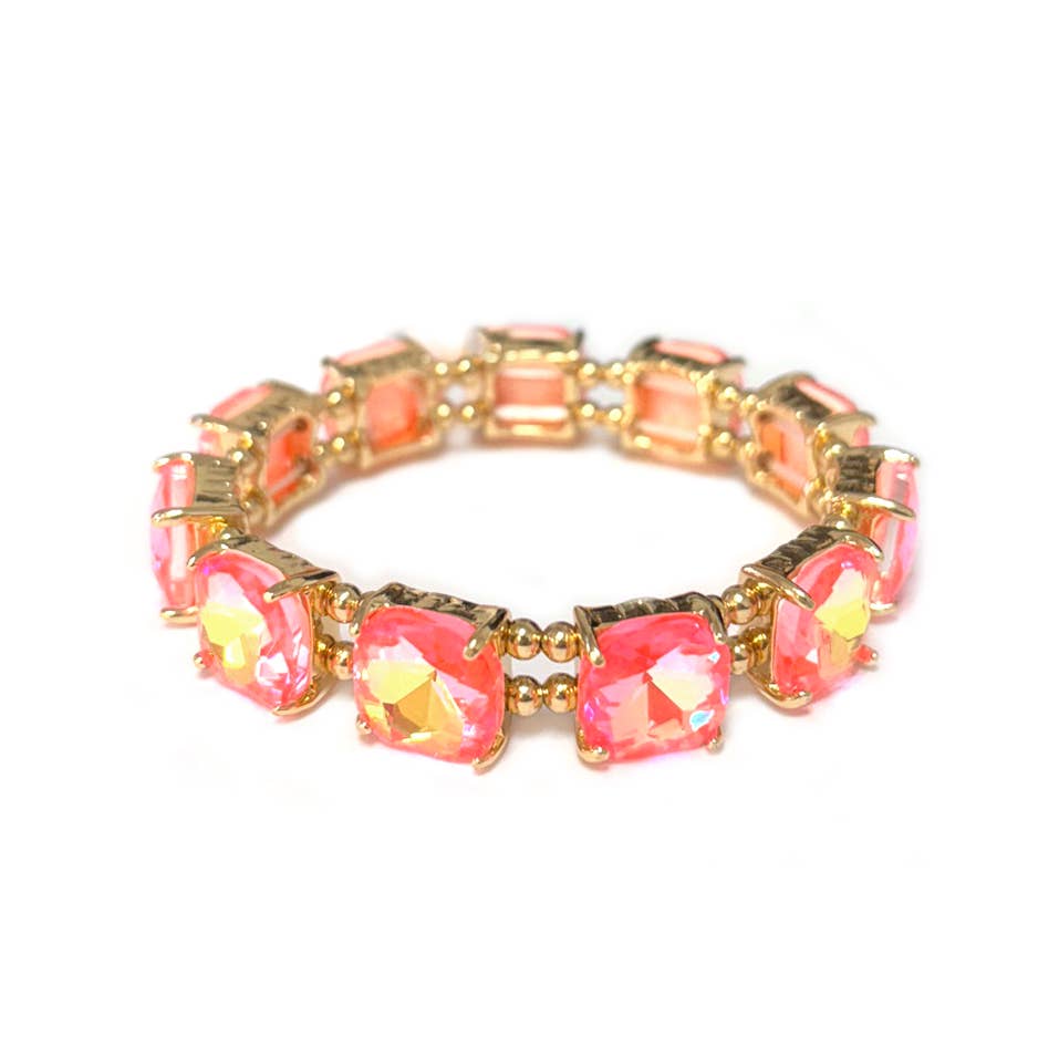Neon Cushion Cut Glass Crystal Linked Stretch Bracelet: Neon-Mint-AB