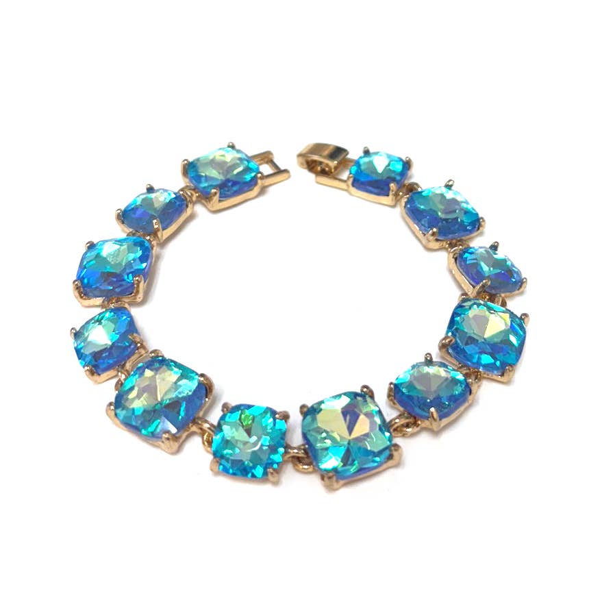 Cushion Cut Glass Crystal Linked Station Bracelet: PERI-BLUE-AB