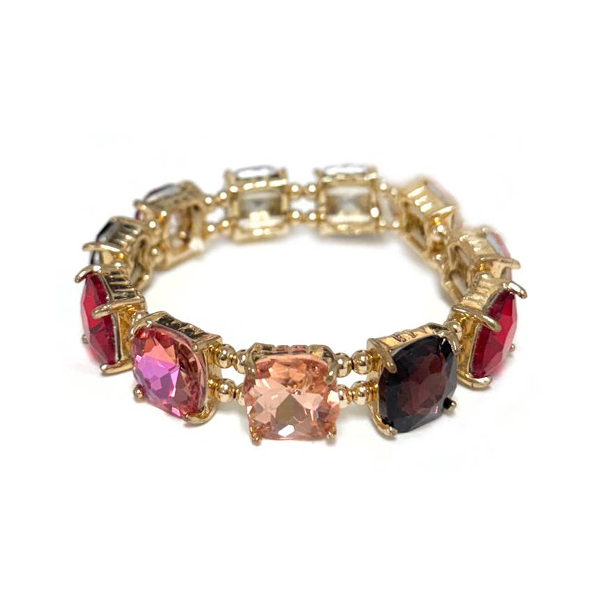 Cushion Cut Glass Crystal Linked Stretch Bracelet: BLACK
