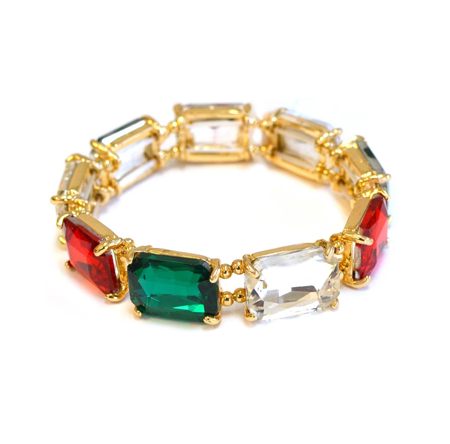 Rectangular Glass Crystal Linked Stretch Bracelet: BROWN-MULTI