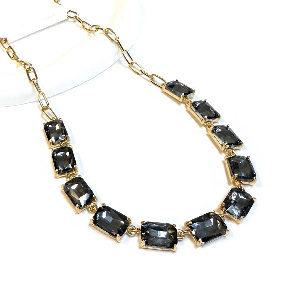 Rectangle Crystal Glass Linked Statement Chain Necklace : Blackdia-AB