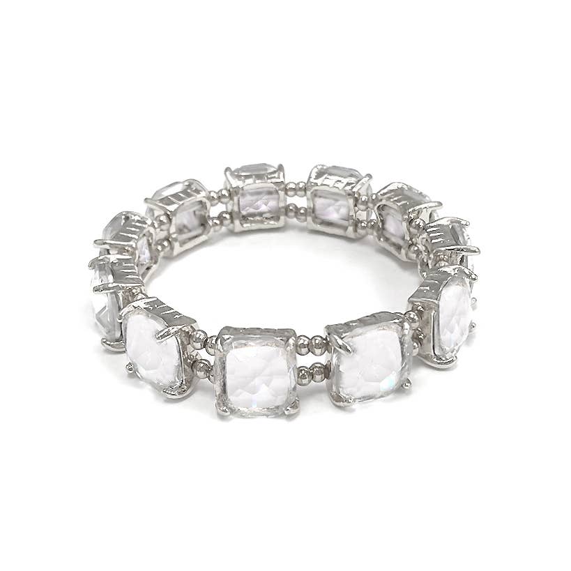 Cushion Cut Glass Crystal Linked Stretch Bracelet: SILVER-CLEAR