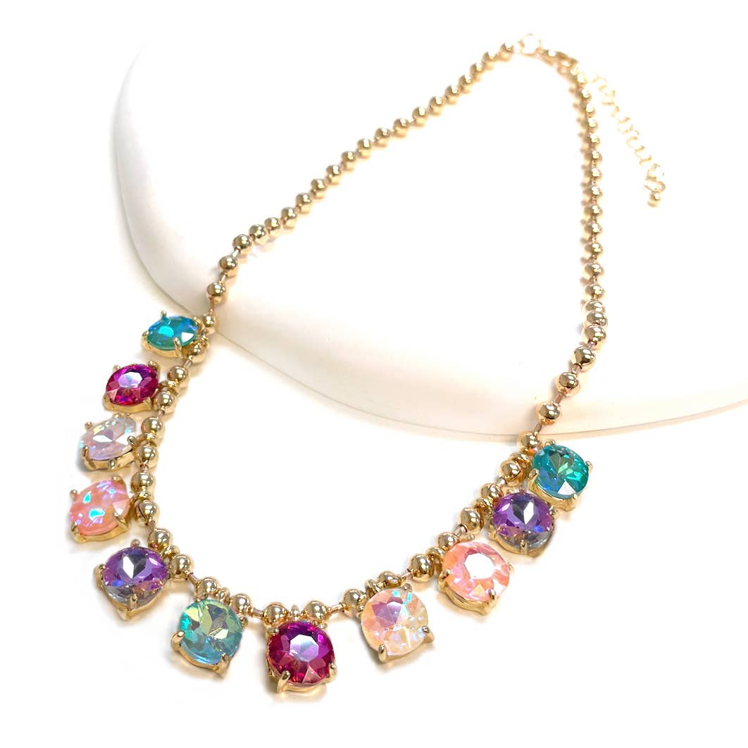 Crystal Glass Bead Dangle Station Ball Beaded Chain Necklace: Multi-AB
