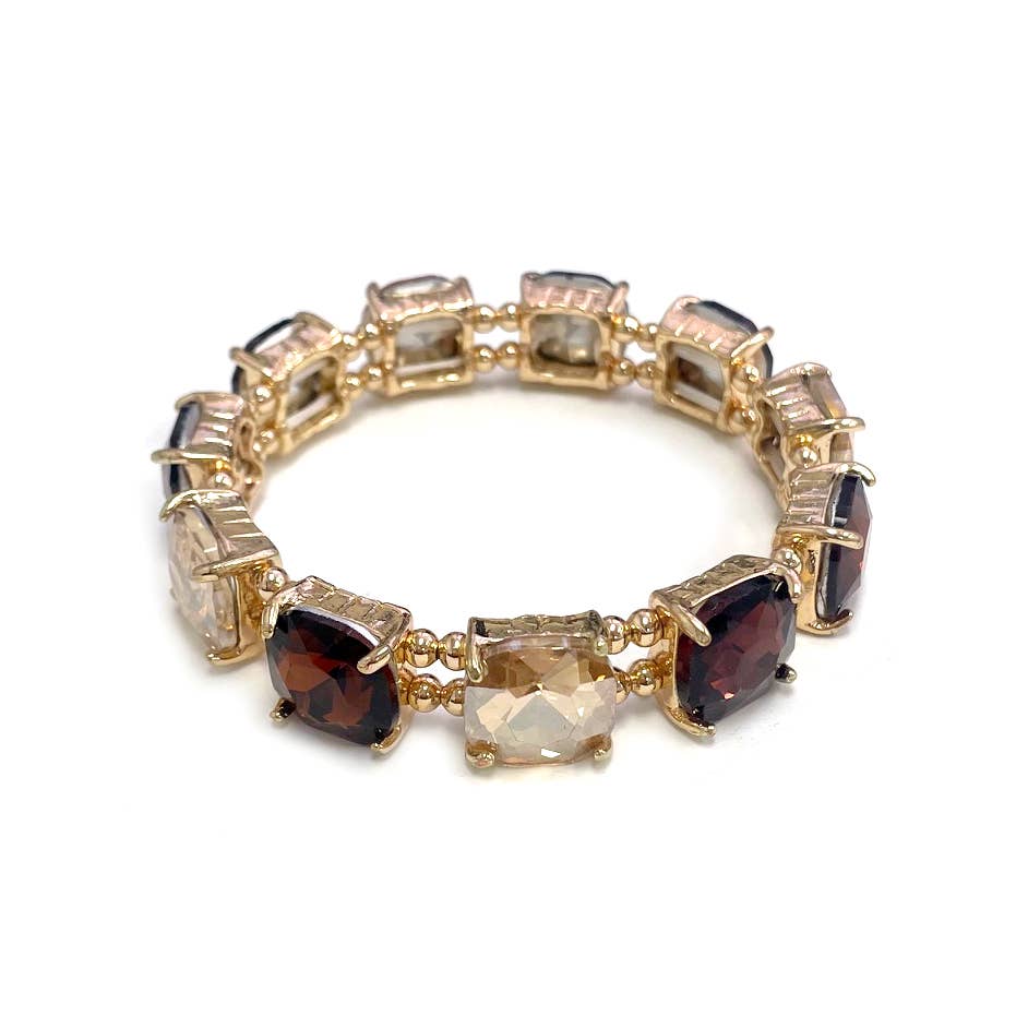 Cushion Cut Glass Crystal Linked Stretch Bracelet: BLACK