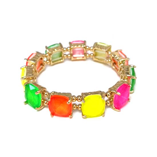 Neon Cushion Cut Glass Crystal Linked Stretch Bracelet: Neon-Mint-AB