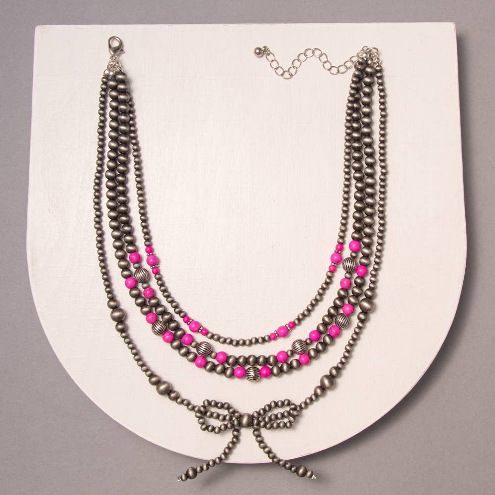 Multi-Strand Western Beaded Necklace with Long Tail Bow: Pink