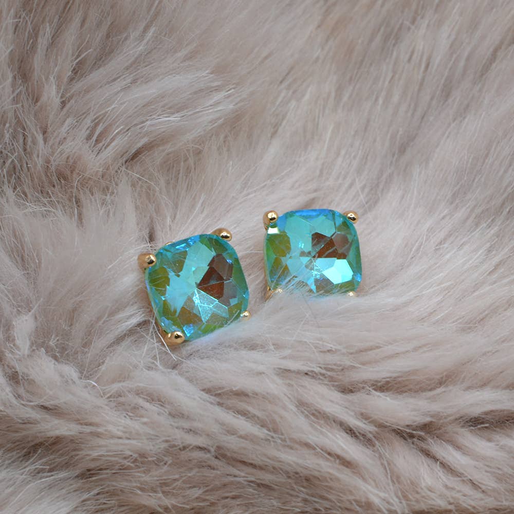 12mm Cushion Cut Square Crystal Glass bead stud Earrings: SILVER-CLEAR