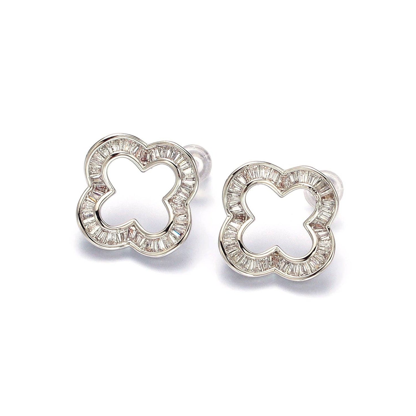 Gold Clear Baguette Open Quatrefoil Clover Stud Earrings in Gold & Silver: Silver