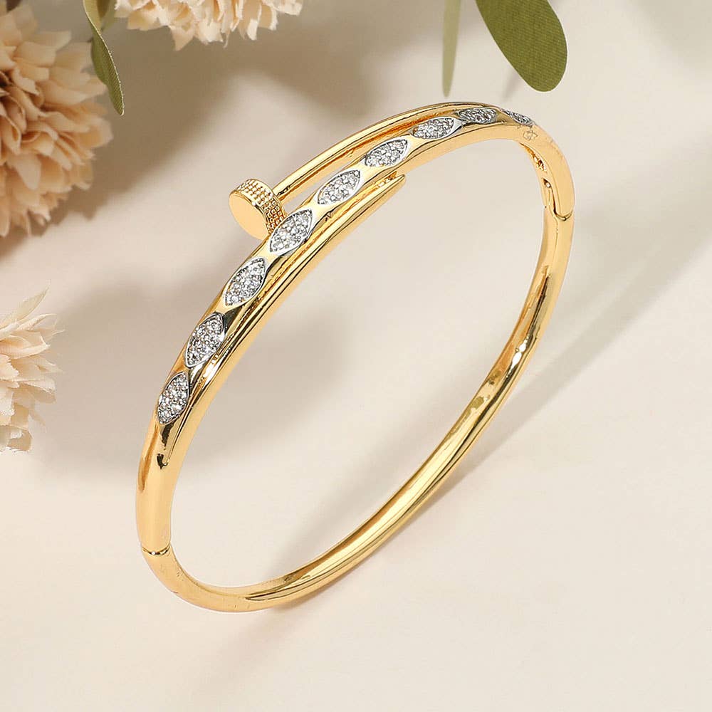 SECRET BOX_Stainless Steel Rhinestone Pave Marquise Accent Nailhead Hinged Bangle Bracelet