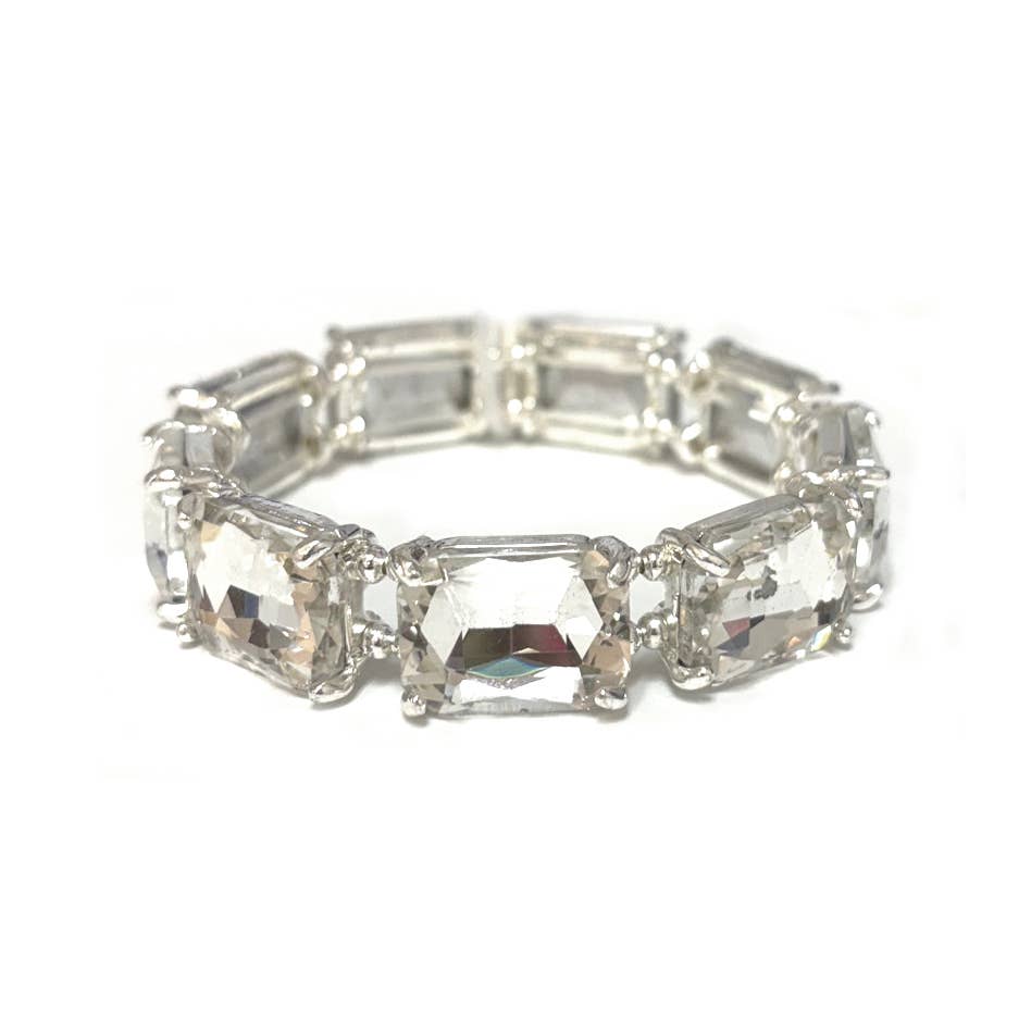 Rectangular Glass Crystal Linked Stretch Bracelet: SILVER-X-CLEAR