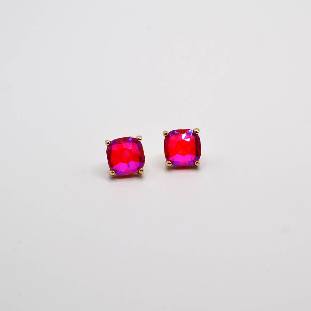 12mm Cushion Cut Square Crystal Glass bead stud Earrings: SILVER-CLEAR