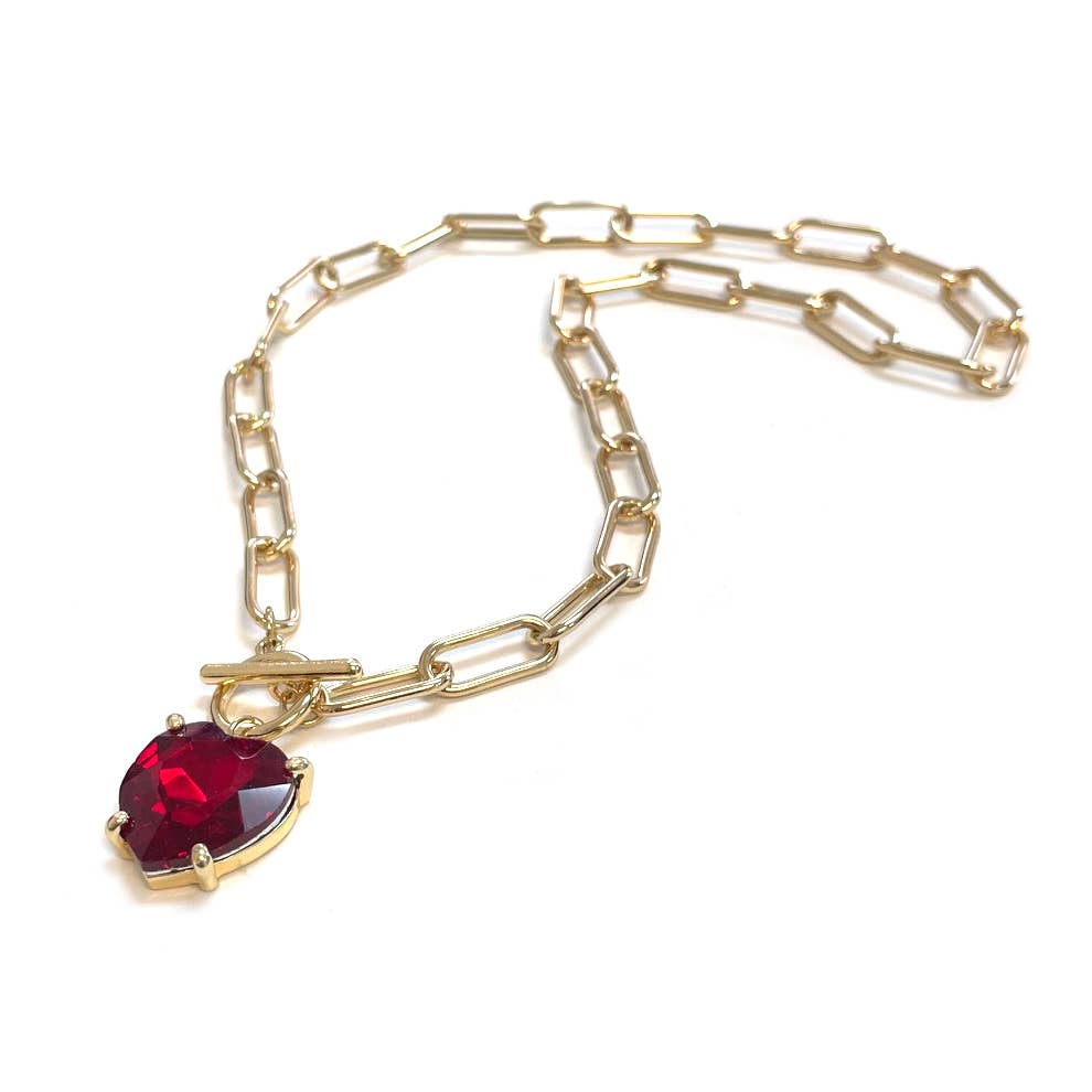 Heart Glass Crystal Bead Pendant with Toggle T bar Necklace: Red