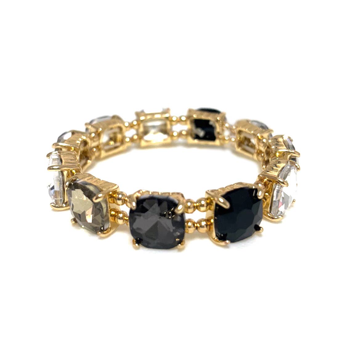Cushion Cut Glass Crystal Linked Stretch Bracelet: BLACK