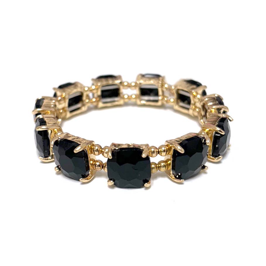 Cushion Cut Glass Crystal Linked Stretch Bracelet: BLACK