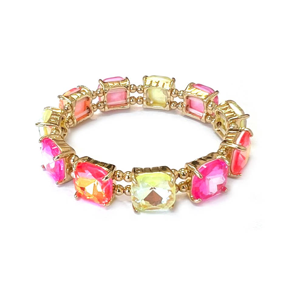 Neon Cushion Cut Glass Crystal Linked Stretch Bracelet: Neon-Mint-AB