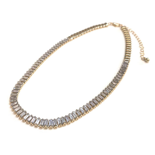 Cubic Zirconia CZ Baguette Bead Linked Choker Necklace: Hematite