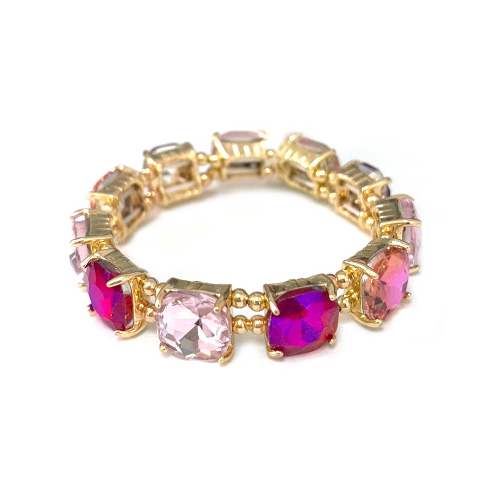 Cushion Cut Glass Crystal Linked Stretch Bracelet: BLACK