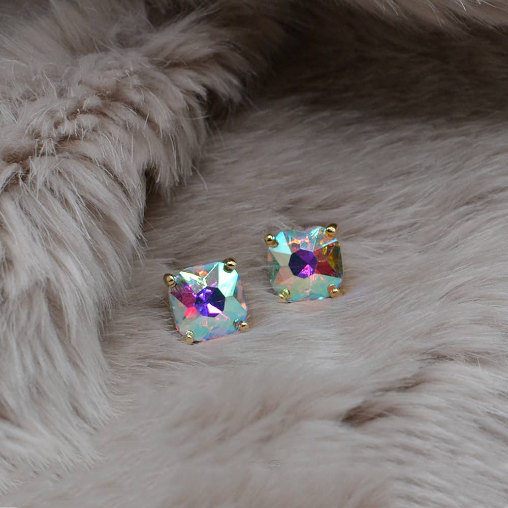 12mm Cushion Cut Square Crystal Glass bead stud Earrings: SILVER-CLEAR
