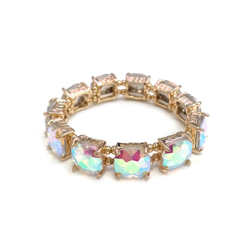Cushion Cut Glass Crystal Linked Stretch Bracelet: BLACK