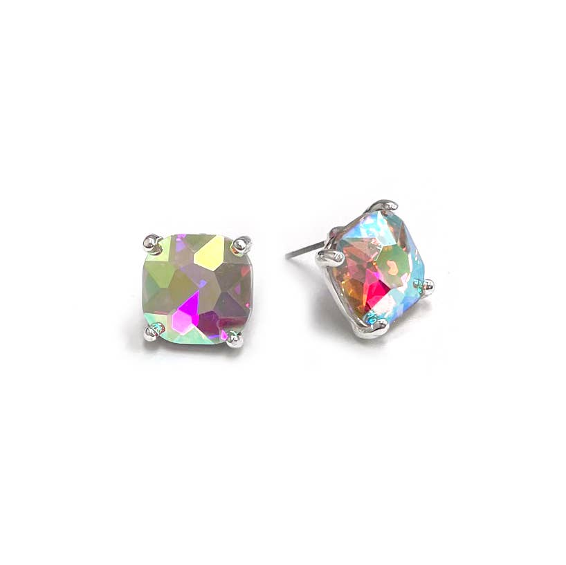 12mm Cushion Cut Square Crystal Glass bead stud Earrings: SILVER-CLEAR