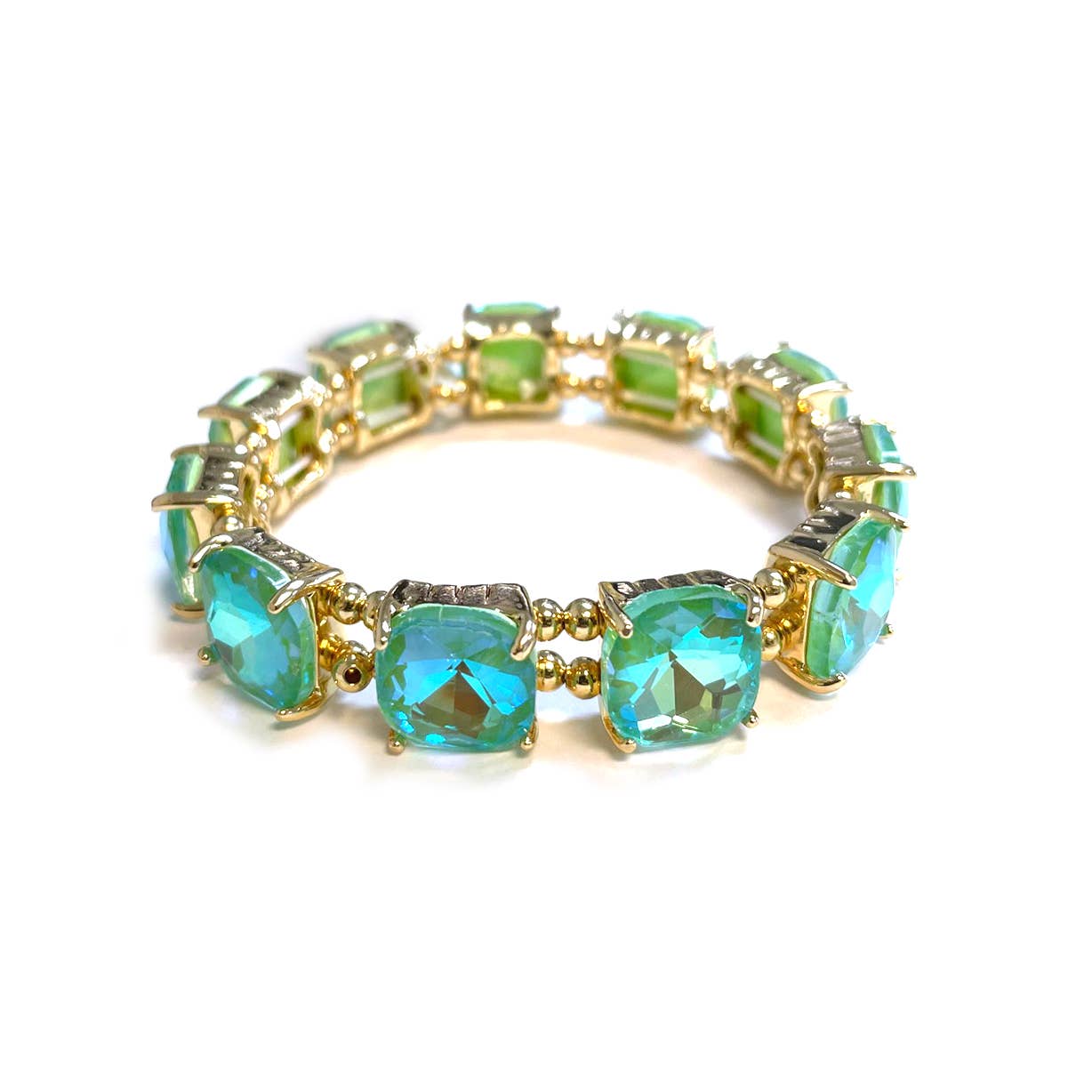 Neon Cushion Cut Glass Crystal Linked Stretch Bracelet: Neon-Mint-AB
