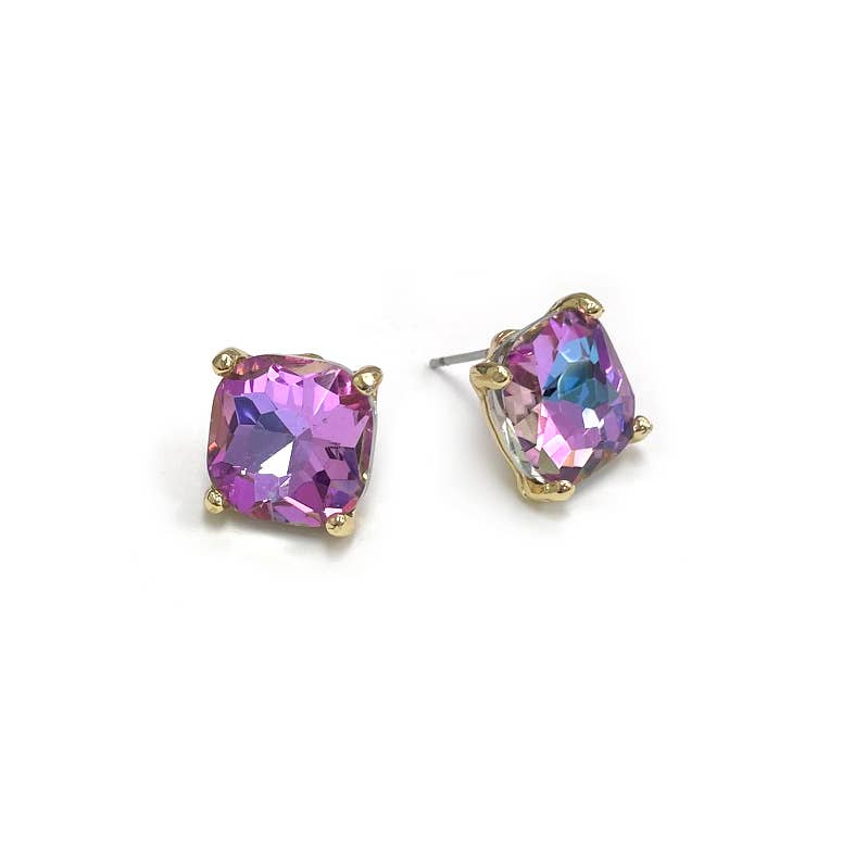 12mm Cushion Cut Square Crystal Glass bead stud Earrings: SILVER-CLEAR
