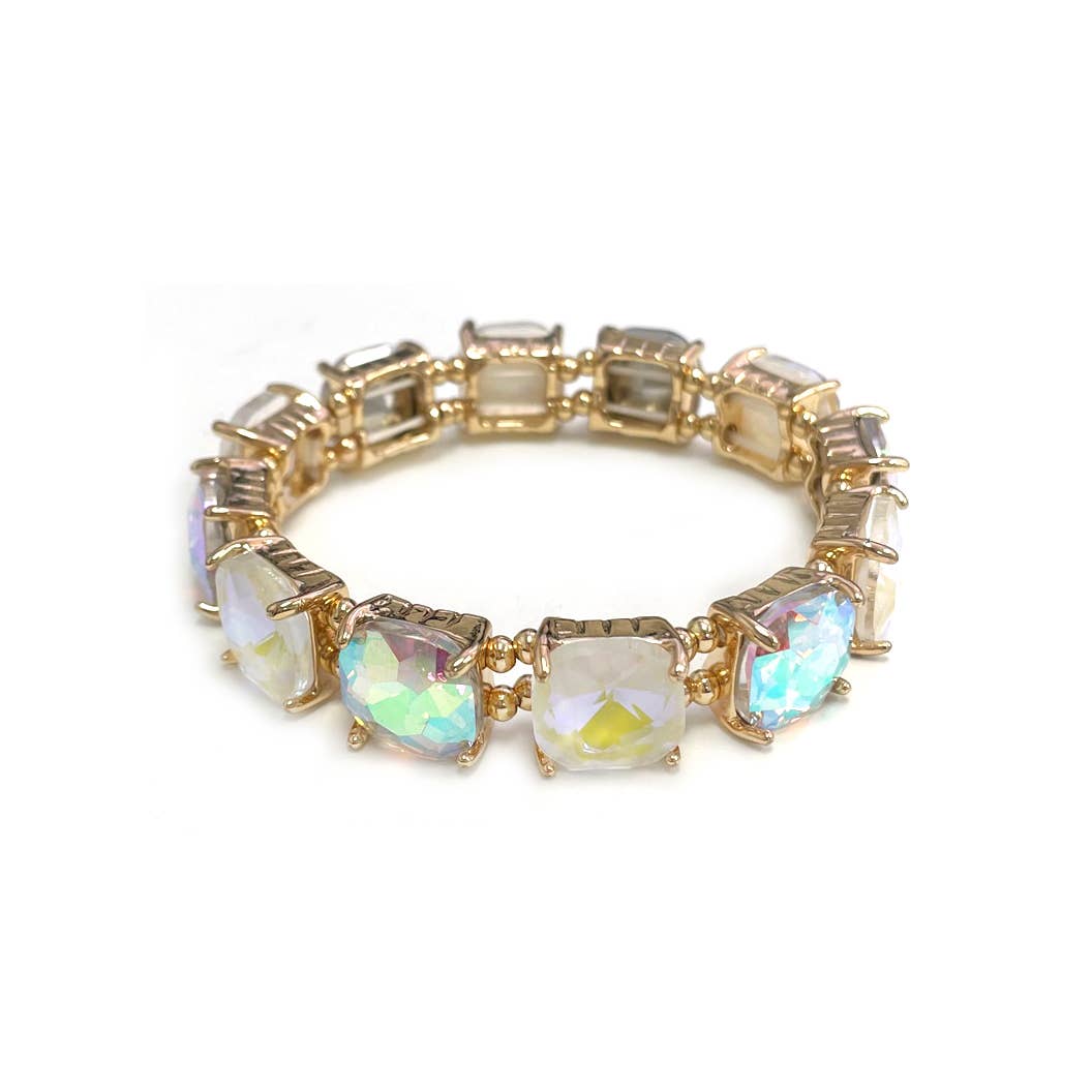 Cushion Cut Glass Crystal Linked Stretch Bracelet: 2-WHITE-AB