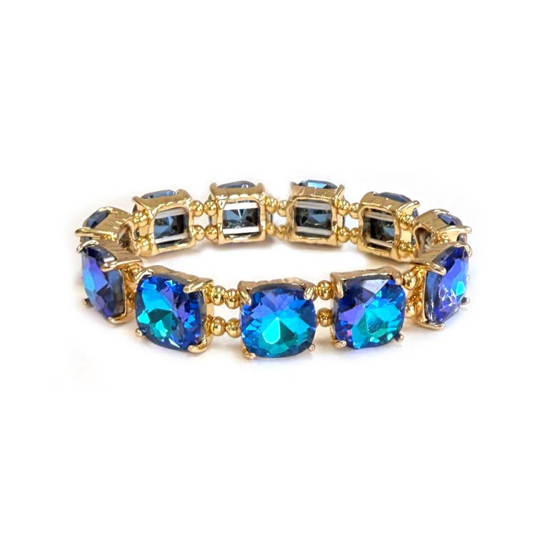 Cushion Cut Glass Crystal Linked Stretch Bracelet: BLACK