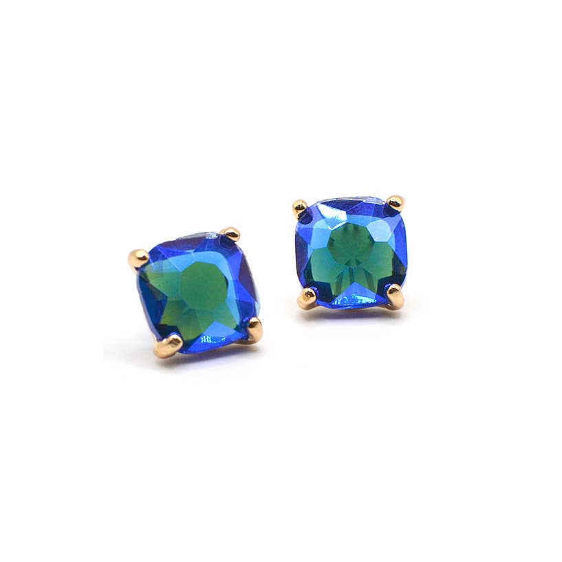 12mm Cushion Cut Square Crystal Glass bead stud Earrings: SILVER-CLEAR