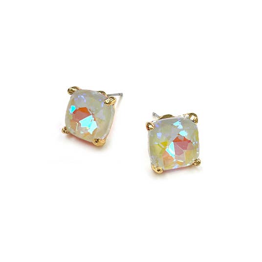 12mm Cushion Cut Square Crystal Glass bead stud Earrings: SILVER-CLEAR