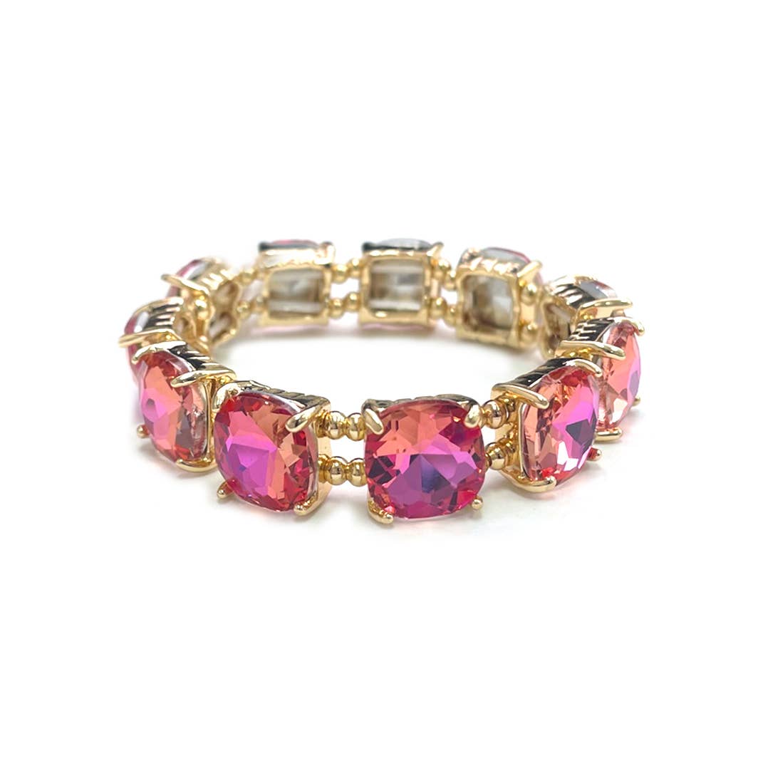 Cushion Cut Glass Crystal Linked Stretch Bracelet: BLACK