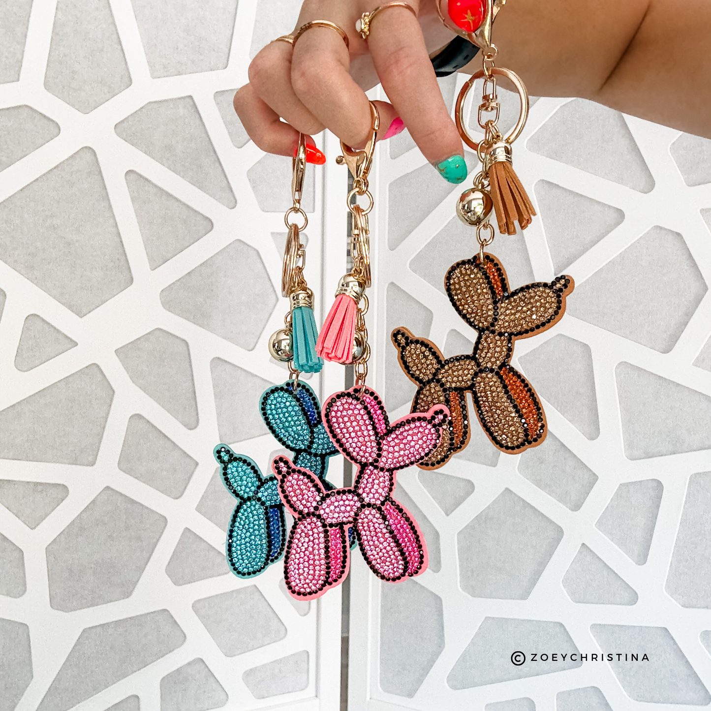 Rhinestone Balloon Dog Keychain Sparkly Keychain Accessory: Pink