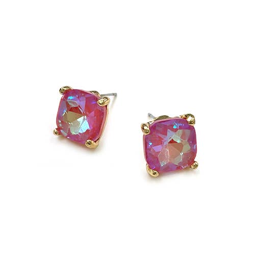 12mm Cushion Cut Square Crystal Glass bead stud Earrings: SILVER-CLEAR