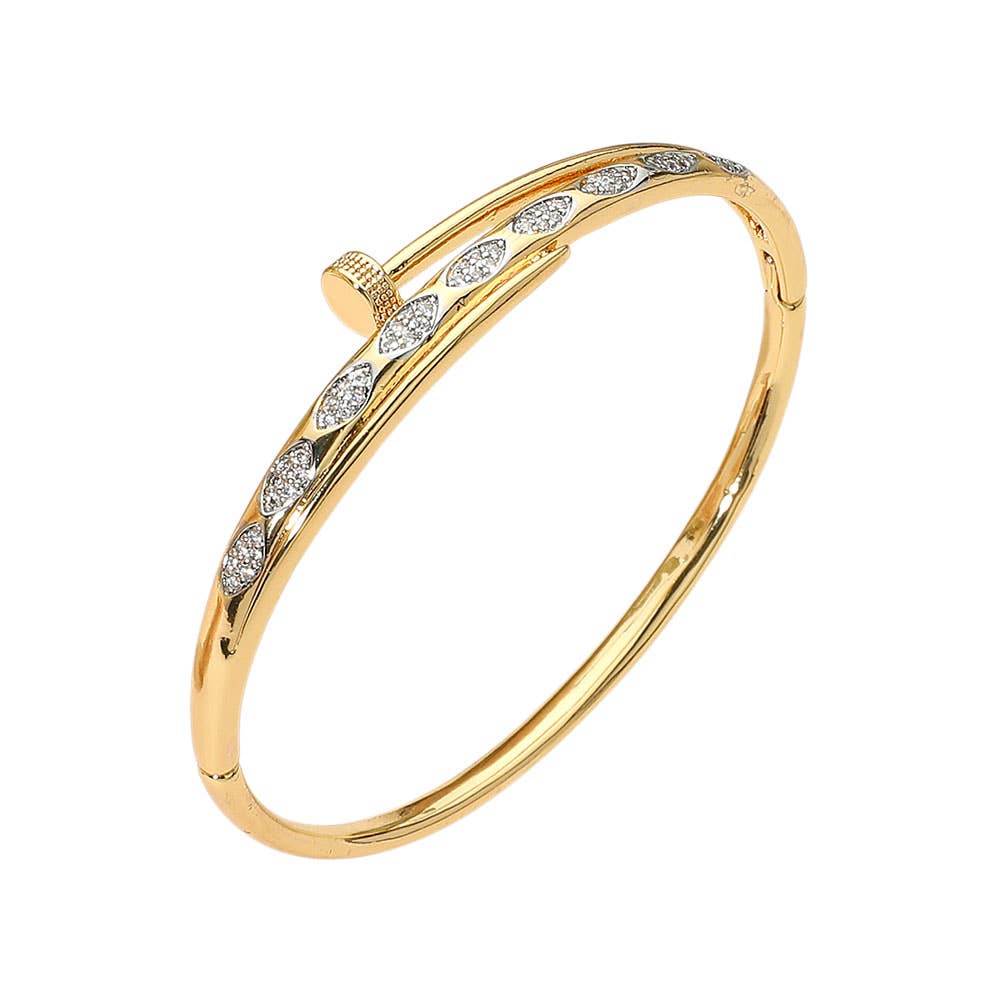 SECRET BOX_Stainless Steel Rhinestone Pave Marquise Accent Nailhead Hinged Bangle Bracelet