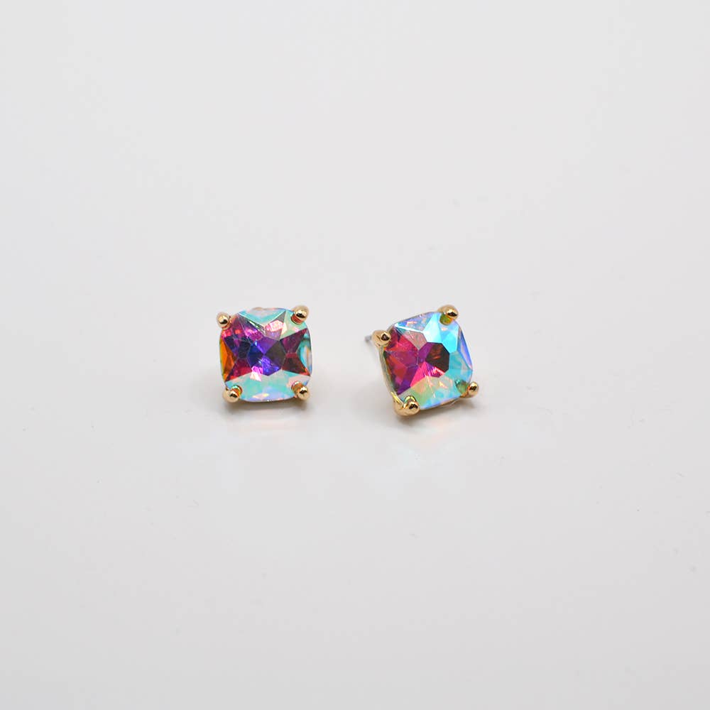 12mm Cushion Cut Square Crystal Glass bead stud Earrings: SILVER-CLEAR