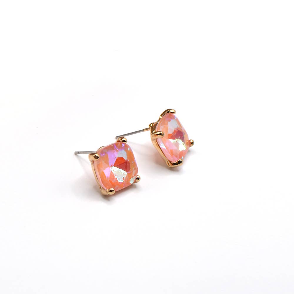 12mm Cushion Cut Square Crystal Glass bead stud Earrings: SILVER-CLEAR