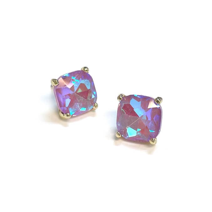 12mm Cushion Cut Square Crystal Glass bead stud Earrings: SILVER-CLEAR