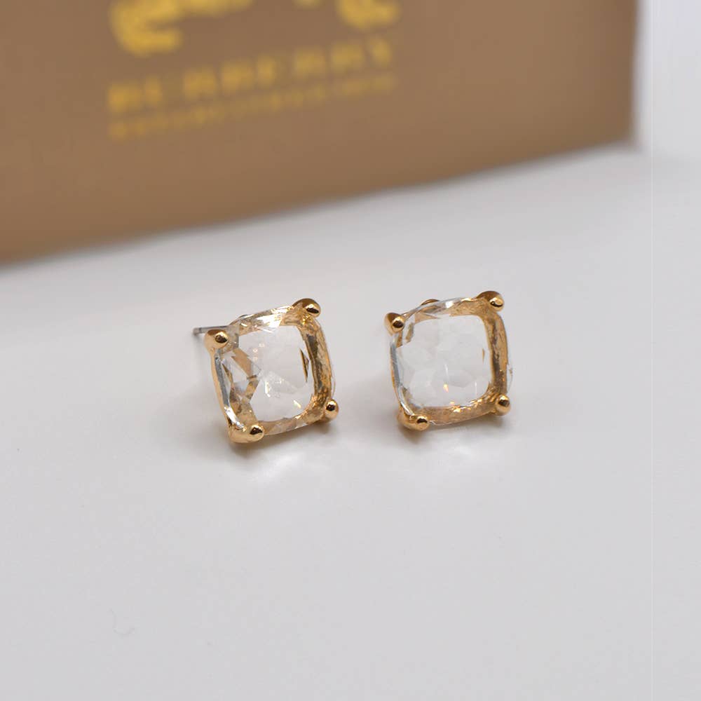 12mm Cushion Cut Square Crystal Glass bead stud Earrings: SILVER-CLEAR