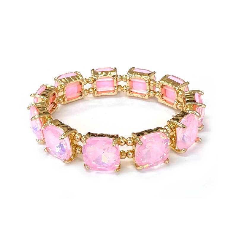 Cushion Cut Glass Crystal Linked Stretch Bracelet: PASTEL-PINK