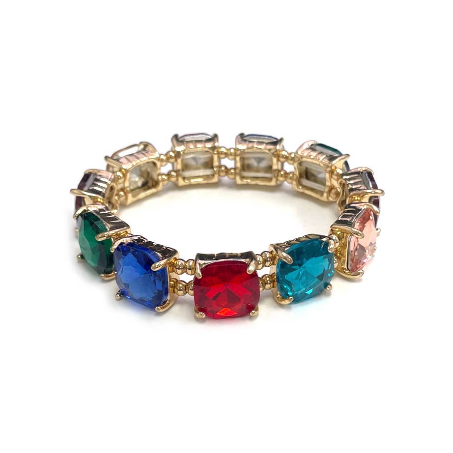 Cushion Cut Glass Crystal Linked Stretch Bracelet: BLACK