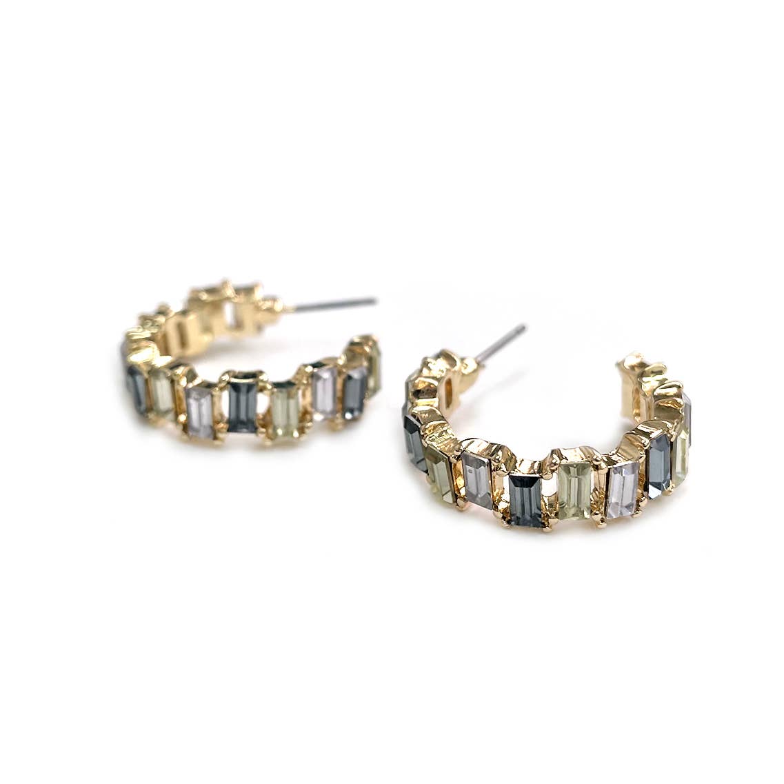 Baguette Resin Stone Beads Linked C Shape Hoop Earrings: Black-Dia