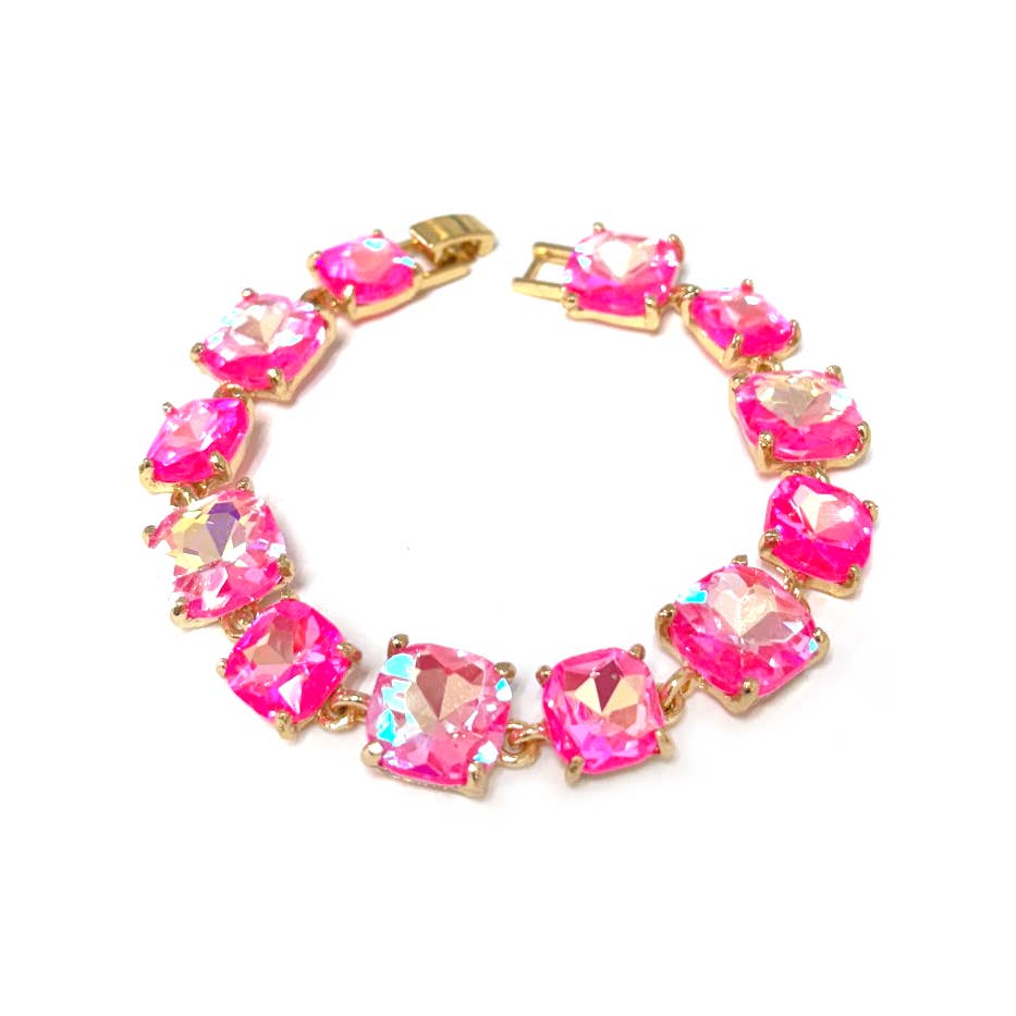 Cushion Cut Glass Crystal Linked Station Bracelet: BROWN-MULTI