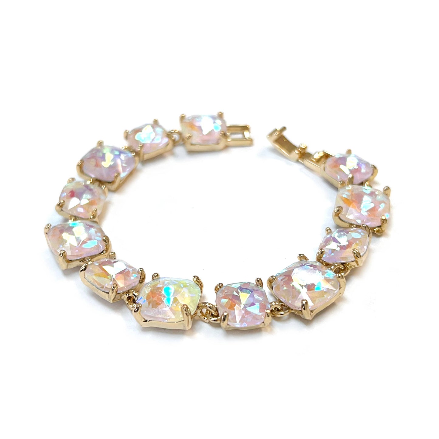 Cushion Cut Glass Crystal Linked Station Bracelet: BROWN-MULTI