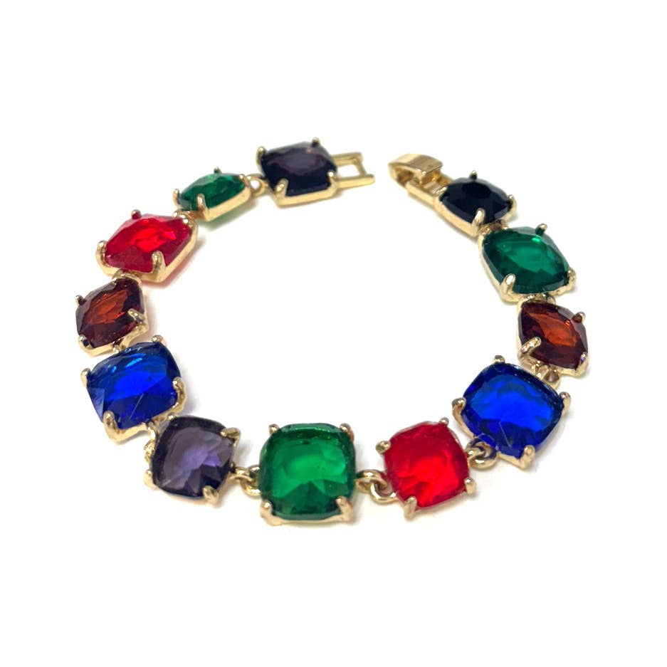 Cushion Cut Glass Crystal Linked Station Bracelet: BROWN-MULTI