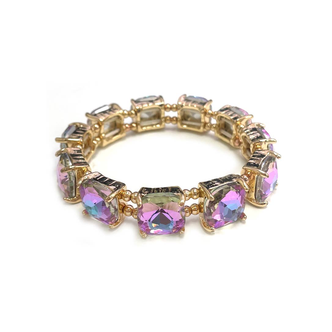 Cushion Cut Glass Crystal Linked Stretch Bracelet: BLACK