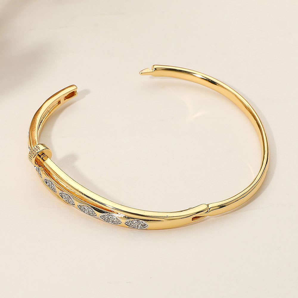 SECRET BOX_Stainless Steel Rhinestone Pave Marquise Accent Nailhead Hinged Bangle Bracelet
