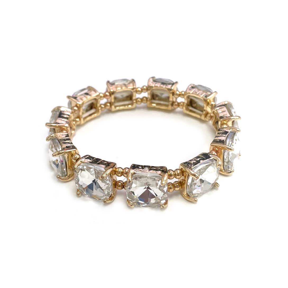 Cushion Cut Glass Crystal Linked Stretch Bracelet: BLACK