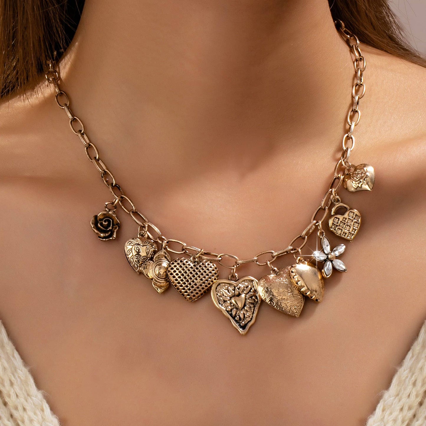 Vintage Gold-Tone Heart Charm Cluster Necklace