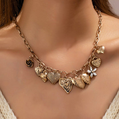 Vintage Gold-Tone Heart Charm Cluster Necklace